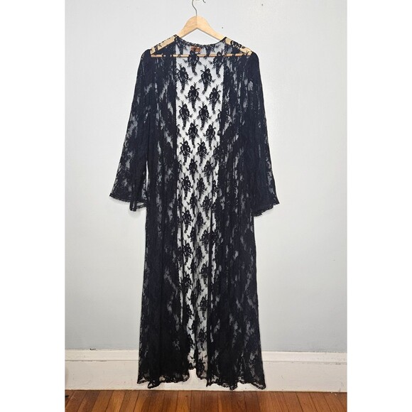 Vtg DELTA BURKE Sheer Black Lace Duster Cardigan 1X Open Robe Whimsygoth Witchy - Picture 6 of 7